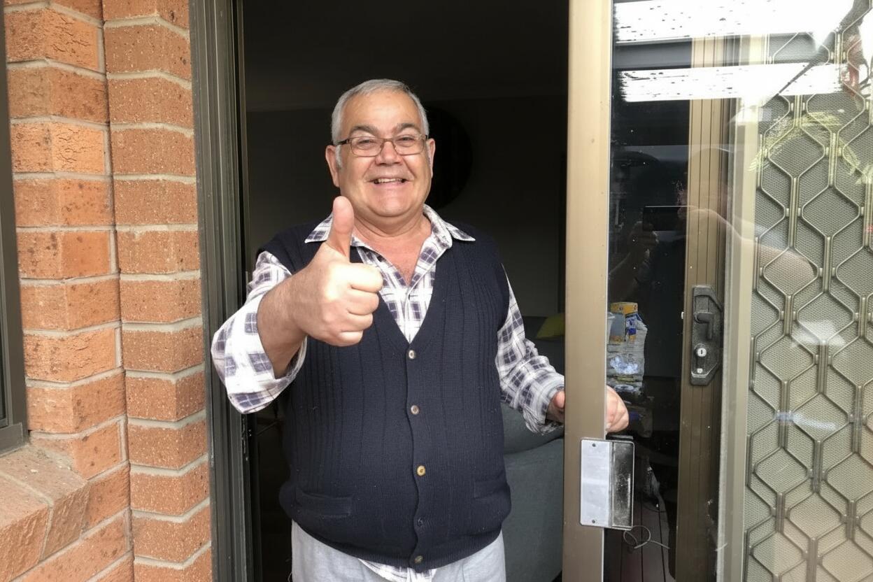Satisfied customer standing beside a repaired sliding door